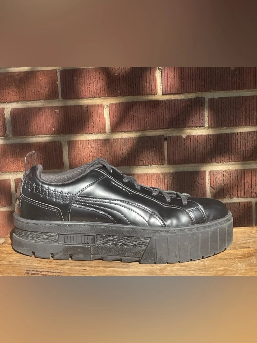 Puma Carina Platform Sneakers Black Leather Women’s 9.5 Chunky - Picture 2 of 10